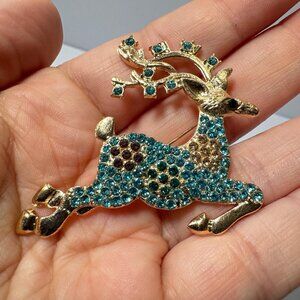 Gold Tone Teal Rhinestone Reindeer Brooch • Holiday Christmas Pin • Sparkly Runn